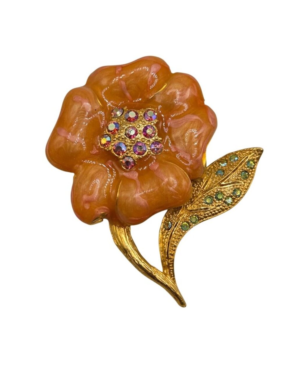 Vintage Orange Enamel Flower Brooch With Rhinestone Accents & Gold-Tone Leaf